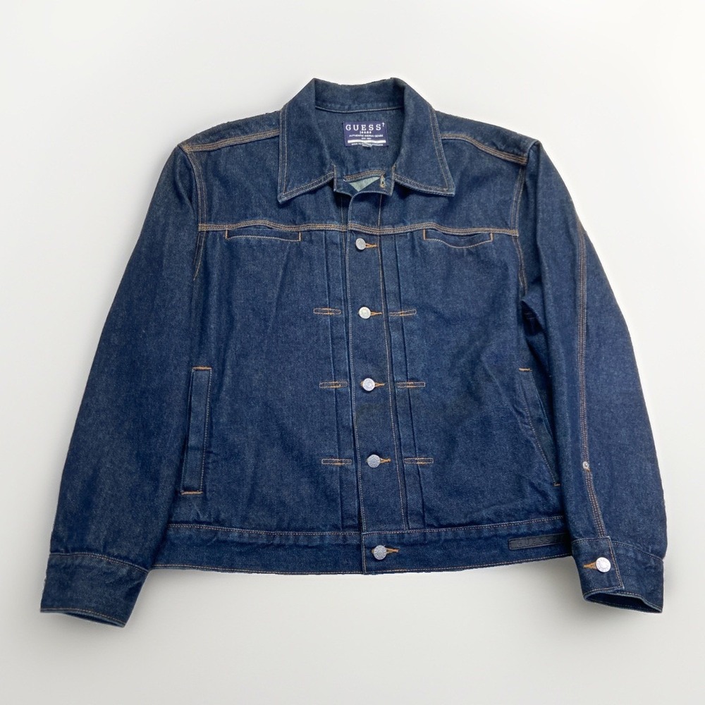 Vintage Guess Jeans Jacket Mens L Blue Denim Trucker Dark Wash 90s Type 1